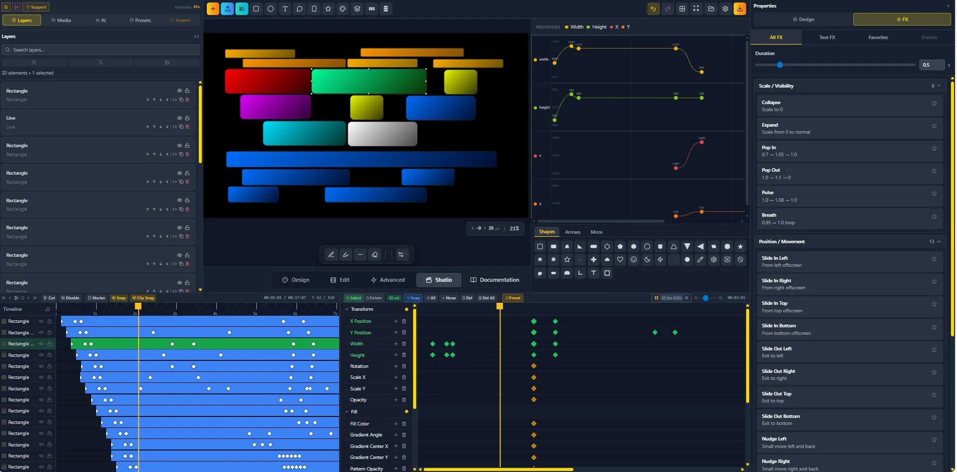 FlashFX Animator interface, timeline and canvas view