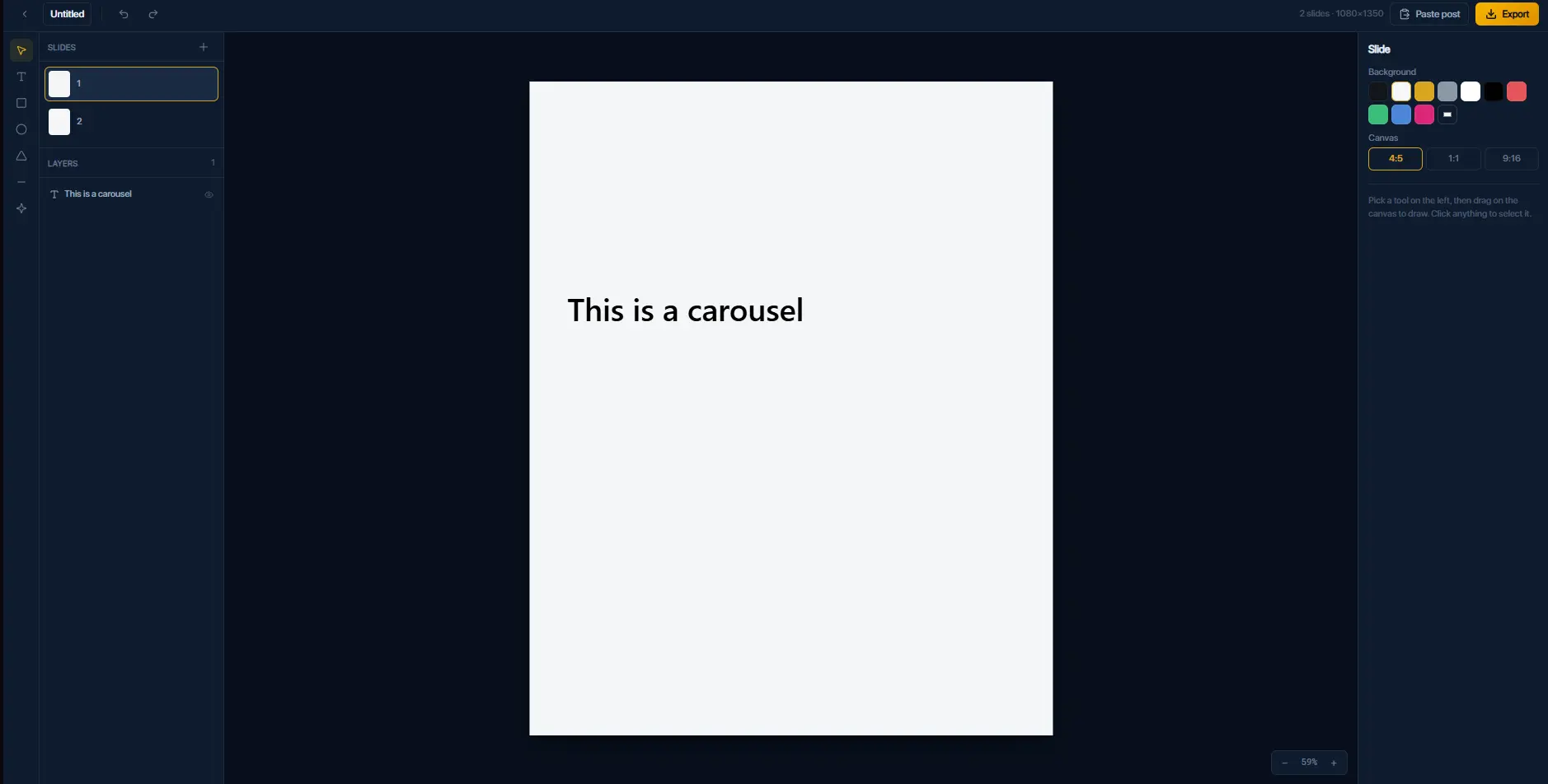 FlashCC, the carousel editor: slide list, canvas and slide settings, view 2 of 4