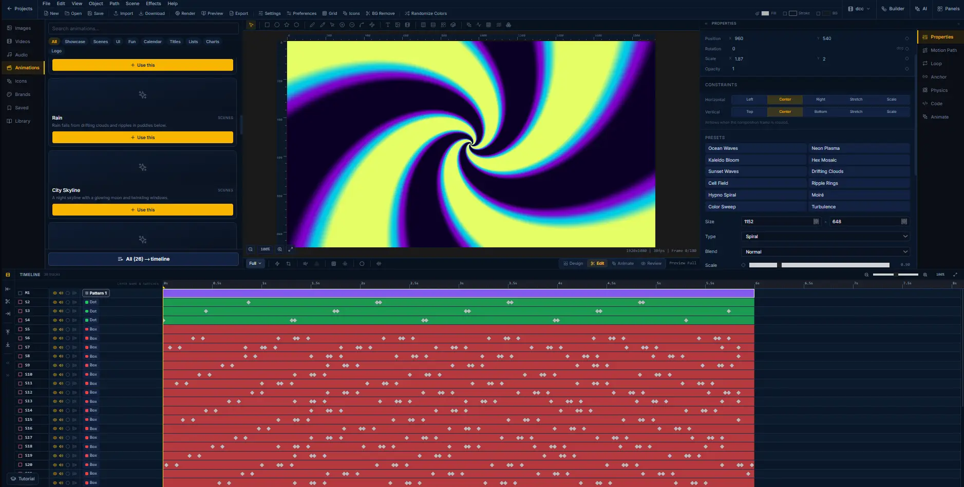 The FlashFX editor: animation library, canvas and multi-track timeline, view 1 of 4