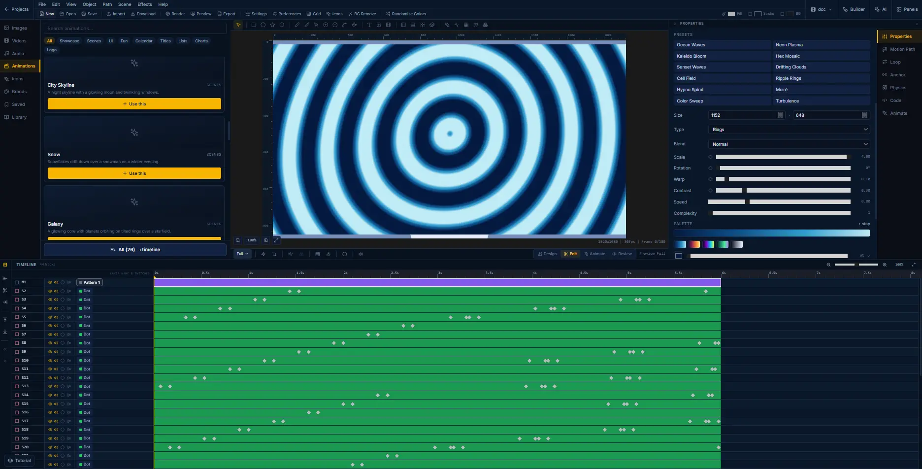 The FlashFX editor: animation library, canvas and multi-track timeline, view 2 of 4