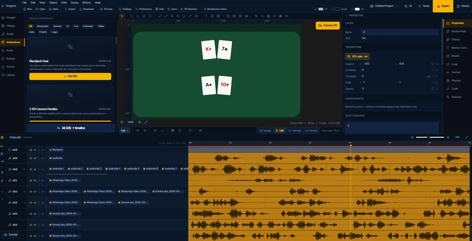 The FlashFX editor: animation library, canvas and multi-track timeline, view 3 of 4