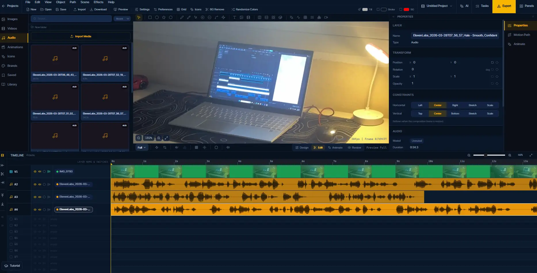 The FlashFX editor: animation library, canvas and multi-track timeline, view 4 of 4