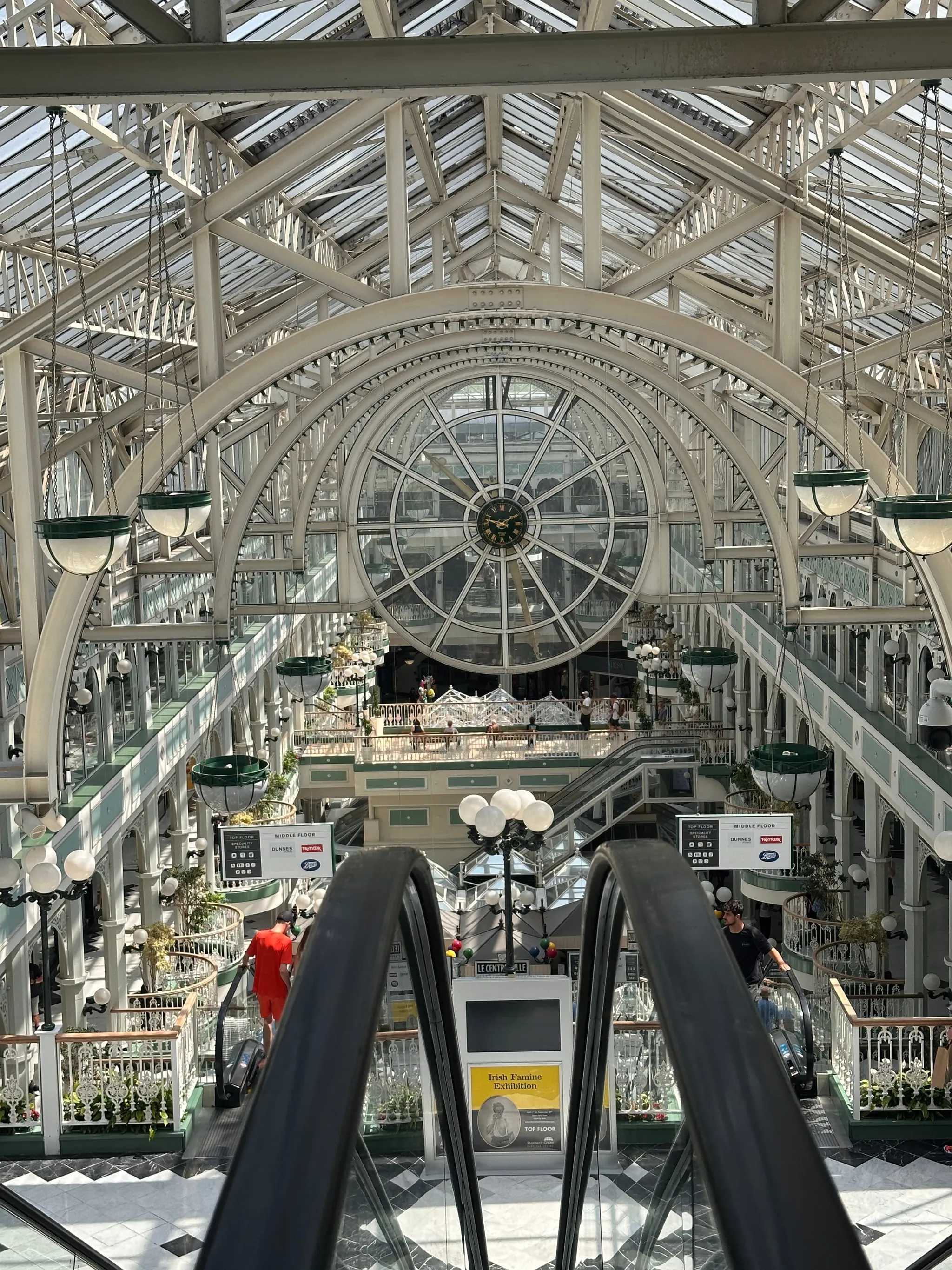 The glass-roofed atrium and clock of the St Stephen's Green Shopping Centre, Dublin