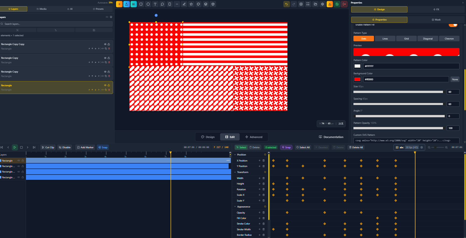 FlashFX motion graphics editor with keyframe controls